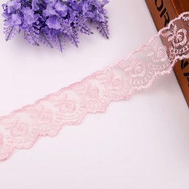 Tongdejing 10 Yards Floral Lace Embroidery Trim, Pink Polyester Fabric for DIY Craft, Wedding Bridal Dress