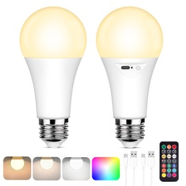 Yochoice Rechargeable Battery Operated Light Bulb with Remote Control, Dimmable LED A19 Bulb with 9 Colors Selectable & 3 Timer, Wireless Light Bulb for Wall Sconce, Non-Hardwired，2 Pack