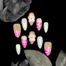 Handmade Press-on Nails, 3D Floral Design, Medium Almond Shape, Pink and Iridescent White, Reusable Acrylic False Nails,10 pieces (Rosary Dream, S)