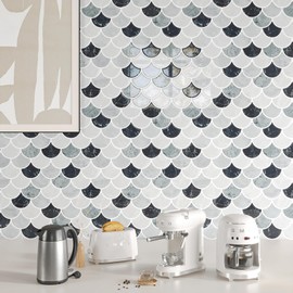 CHIHUT 6 Sheets Fish Scale Peel and Stick Backsplash Tile Vinyl Self Adhesive Stick on Backsplash Tiles for Kitchen 12''x12'' 3D Removable Waterproof Peel and Stick Wall Tiles Sticker for Bathroom