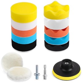 Drill Polishing Buffing Pads Kit 15 PCS - 3 Inch Foam Pads, Wool Pads, Velcro Backing Pad, Drill Adapter & Connectors for Car Polisher, Waxing, Sanding, and Buffing