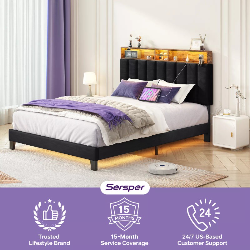 Sersper Full/Queen Size Bed Frame with Storage Headboard, Charging Station