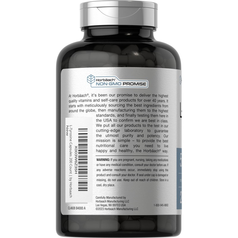 Horbäach L Tyrosine Supplement | 500mg | 200 Capsules |