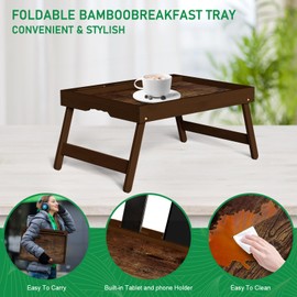 Bamboo Breakfast Tray with Foldable Legs & Detachable Stand | Ergonomic Handle | Portable Bed Tray for Eating, Working, Laptop, Tablet, and Phone（Vintage Walnut）