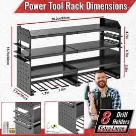 VeyFolzin.st Power Tool Organizer Wall Mount, Metal 4 Layer Heavy Duty Metal Power Tool Storage Rack, Garage Drills Storage Shelves with Screwdriver Holder Plier Holder (Black, 8 Drills Holder)
