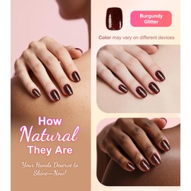 Morily Burgundy Glitter Press on Nails Short, Square Shaped Glitter Fake Stick on Nails for Women in 16 Sizes, 32 Pcs Reusable Full Cover Artificial False Fingernails