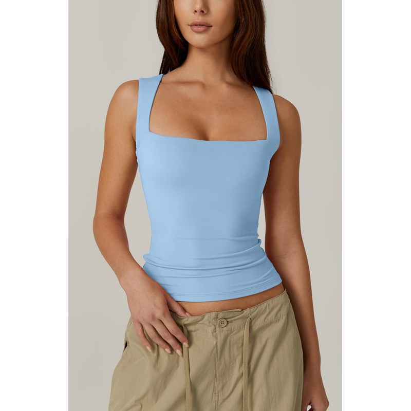 QINSEN Women's Square Neck Sleeveless Double-Layer Tank Tops Basic Tight