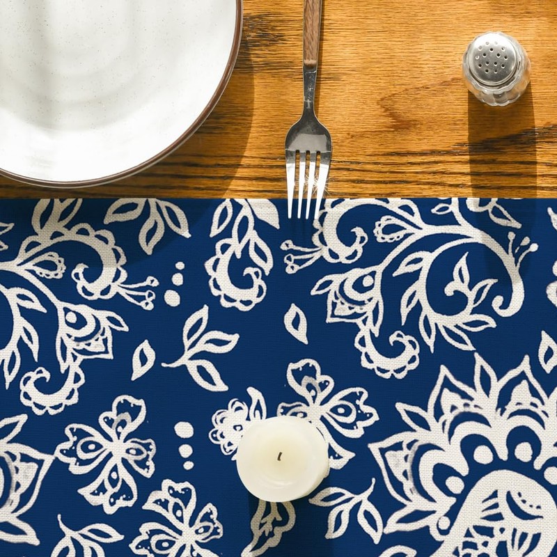 Artoid Mode Blue Floral Paisley Table Runner, Seasonal Spring Kitchen