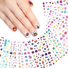 VIWIEU Princess Nail Stickers, 12 Pieces, Cute, For Children, Small, 3D Floral Pattern, Easy-to-Apply Manicure Set, Character Design, Nail Stickers, Choose from 600 Types, Unicorn, Star, Princess