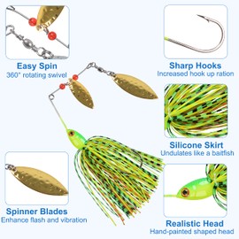 Bass Fishing Lures Spinner Bait Kit, 6pcs Bass Spinnerbaits Lures Hard Metal Spinner Bait Topwater Fishing Lure Buzzbait Swimbait for Pike Trout Salmon