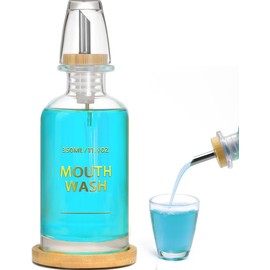 Ledanba Mouthwash Dispenser for Bathroom 11.8oz – Clear Glass Mouthwash Bottle with Bamboo Tray, Silicone Base, Gold Hot-Stamped Lettering, Refillable Mouthwash Container for Bathroom (Clear)