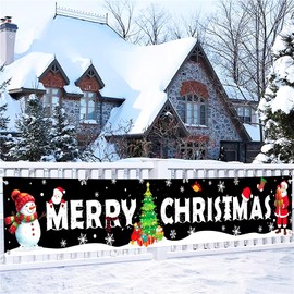 Large Christmas Banner Decorations Outdoor 120x20 Inch, Snowman Santa Claus Christmas tree Decorations Merry Christmas Yard Banner for Indoor Home House Party Supplies, Yard Sign Background Photography