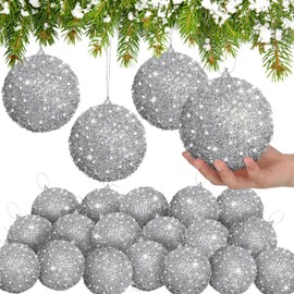 Lyrow 24 Pcs 4" Glitter Christmas Ball Ornament Set Christmas Ball Bulk Xmas Sequin Foam Hanging Ornament Christmas Decorative Ball for Tree Home Wedding Holiday Party Decor (Silver)