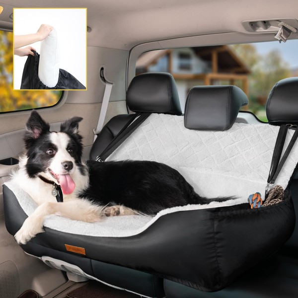FUNNIU Dog Car Seat, Pet Car Seat for Medium/Large Dogs or Two Small Dogs, Dog Car Bed Travel Safety Fully Detachable Washable for Back Seat with Soft Cushion 2 Side Storage Pockets, Black
