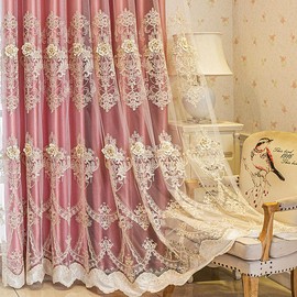 Amidoudou 1 Pair European Double Layer Curtains with Sheer Curtains for Living Room 3D Flower Double Layer Curtains for Bedroom (Pink,51x90 Inch)
