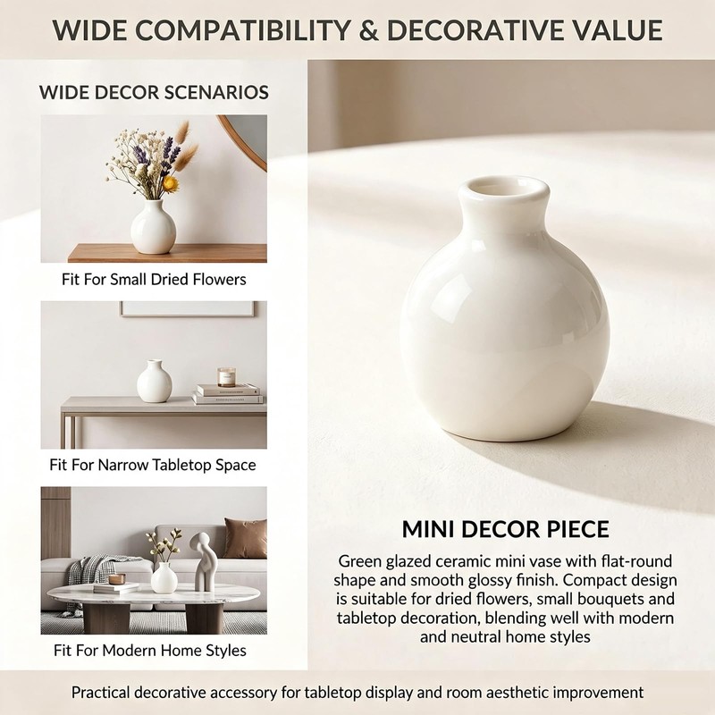 Mini White Ceramic Bud Vase Flat Round Glossy Table Decor