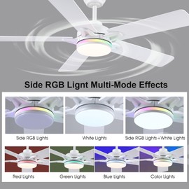 Kviflon 52 Inch Ceiling Fans with Lights and Remote/APP Control, Modern Ceiling Fan with RGB Lights for Bedroom Living Room Patio Porch Outdoor, Reversible Quiet Motor, 5 Wood Blades, White