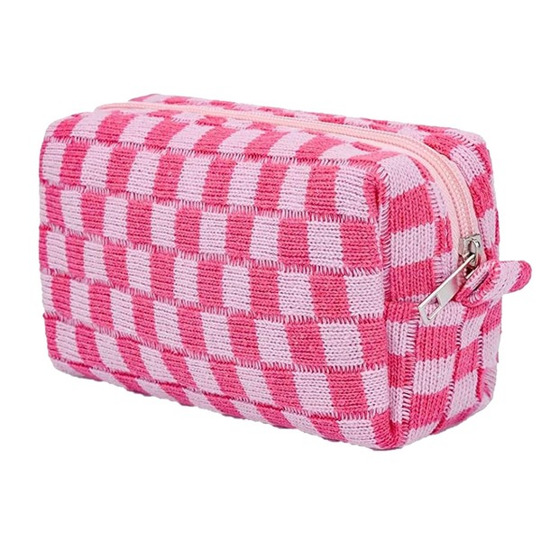 Multifunctional Travel Toiletry Bag, Cosmetic Bag, Women's Travel Makeup Bag, Portable Travel Toiletry Bag with Zip, Makeup Organiser for Toiletries, Pink and white grid