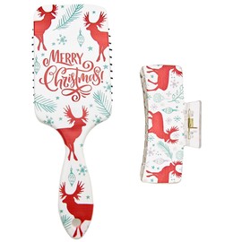 Onpalette Santa-Themed Christmas Hair Brush & Matching Hair Claw Clip Set - Pain-Free Detangling for Wet/Dry Use, Great Holiday Gift (Color E)