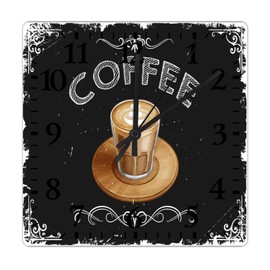 Wooden Wall Clocks Coffee Home Decor Clock Battery Operated Quartz Quiet Arabic Numeral Latte Coffee Square Clock for Bathroom Kitchen Living Room Bedroom 15 Inch