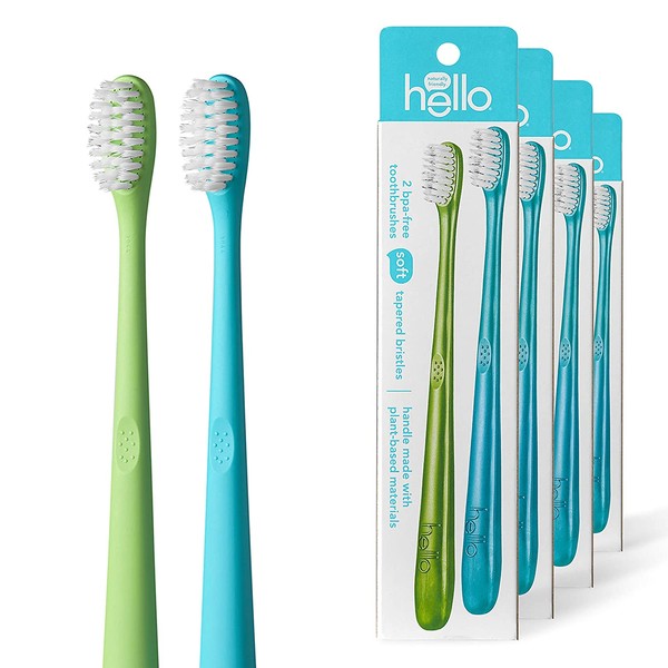 hello Blue + Green BPA-free Toothbrush, Twin Pack, Soft Tapered Bristles, 2 Count, Pack of 4