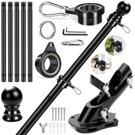 REERON 6 FT Metal Swivel Rings Flag Poles Kit, 360° Tangle Free Rotating Bearing Rings, 2-Position Holder & 1" Stainless Steel Flagpole for Outside House Porch Wall Mount Residential Commerical