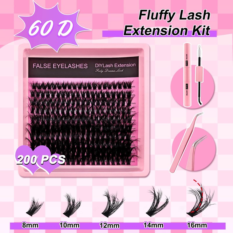 Eyelash Extensions Set, 200 Pieces, Fluffy Artificial Eyelash Clusters, Lashes