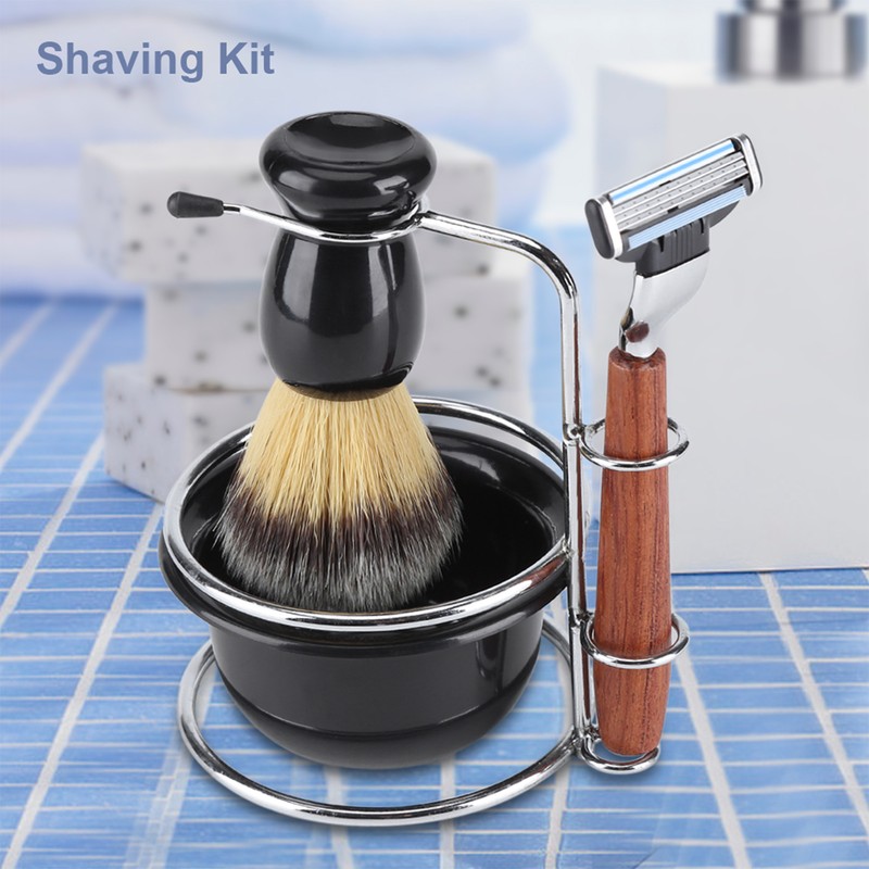 4Pcs Shaving Kit Manual Razor Stainess Steel Stand Holder Brush