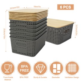 UHAPEER Plastic Storage Baskets with Lids, 6 PCS Cute Storage Bins with Lids Small, Bamboo Lid Storage Containers Stackable Baskets, Pantry Baskets for Classroom Shelves Drawer Desktop Closet Organize