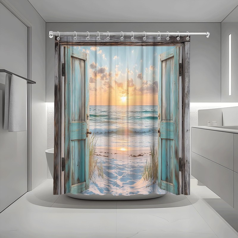 Ocean Beach Teal Barn Door Shower Curtain Hawaiian Sunset Scenery