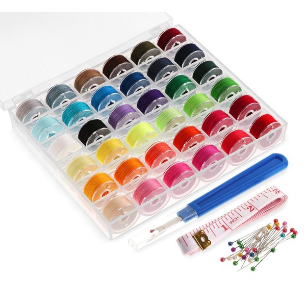 36Pcs Sewing Machine Bobbin Threads with Case and Measuring Tape for Singer Brother Babylock Janome Elna, Assorted Colors