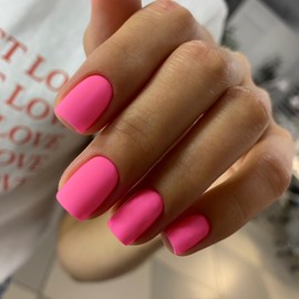 Matte Hot Pink Press On Nails Short Square Neon KXAMELIE Gel Nails Glue on Acrylic Nails Press ons Featured Protective Coat Thick Reusable Fake Nails Solid Color 24 Short Coffin Artificial Nails