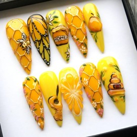 Ausora Nail Press On Nails Honey Bee Yellow Stiletto Summer Nails with 3D Honeycomb & Flower Art Reusable Long-Wearing Salon-Worthy Look:_L_Short Almond