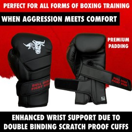 Pair of Bull Doza 14oz Boxing Gloves Built-In Wrist Support with the Double Cuff - Durable Matte Black Sparring Gloves for Training, Bag Work, Large Padded Mitts