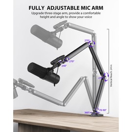KU XIU Aluminum Alloy Boom Arm Microphone Stand for Desk, Three-Section Adjustable Mic Arm Mount with Cable Management Channels for Desktop Podcasting, Recording, Streaming, Gaming, Home Office-Gray