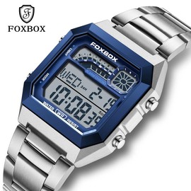 LIGE FOXBOX men's digital watch—perfect for students and adult men. Features an alloy case and strap, waterproof design, backlight, and displays time, date, and weekday - Color: Black