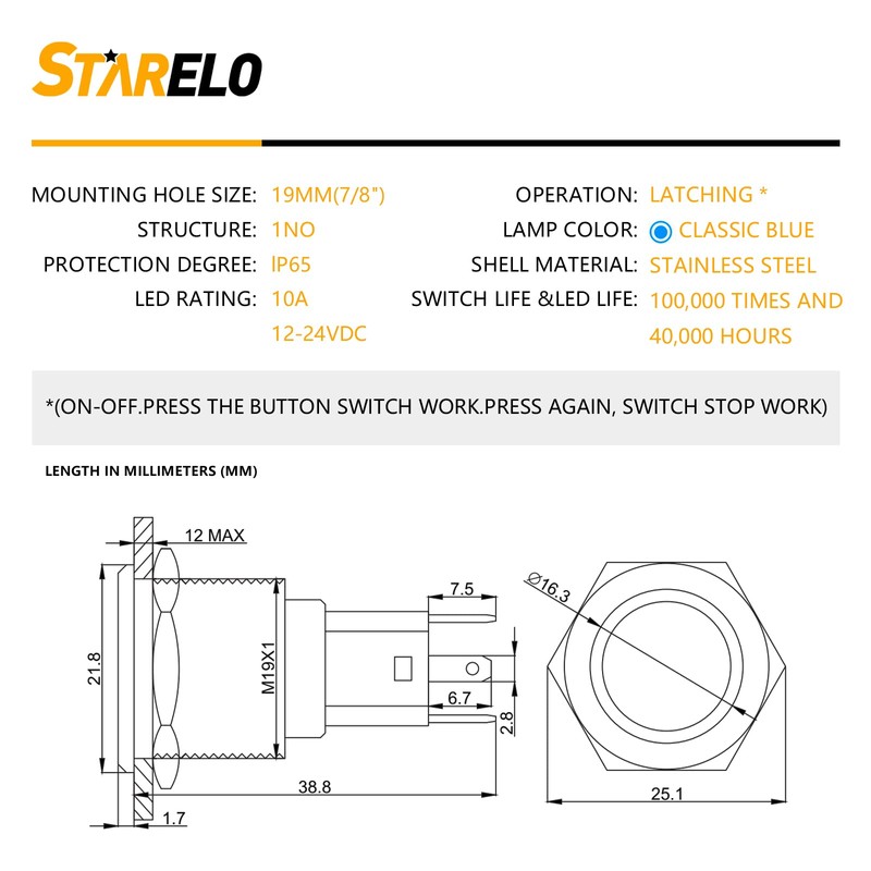 STARELO 10Amp Latching Push Button Switch, SASQUTACH Lights,12V 24VDC Pre-Wired