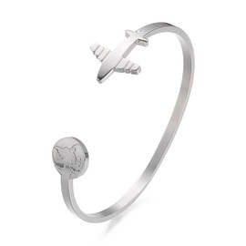 Sadingo Women's Bracelet in Silver | Bangle with Plane and Earth, Women's Bracelet Made of Stainless Steel, Travel The World Bracelet, Adjustable Size, Women's Bangle, Gift for World Travel, Travel
