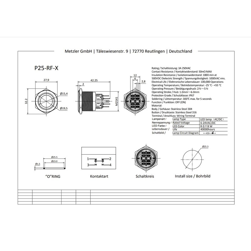 Metzler - Pressure Switch 25mm - LED Ring Lighting Green