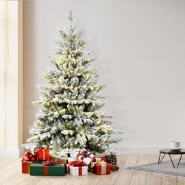 FX STATREE 4.5FT Pre-lit Snow Flocked Christmas Tree for Home Office Decoration Indoor Outdoor White Christmas Tree with 926 Branches Tips and 150 UL Warm White Lights