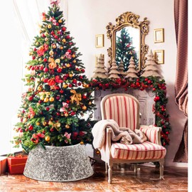 NIBESSER Christmas Tree Collar Shiny Silver White Sequins, 30 Inch Burlap Xmas Tree Skirt Tree Ring with Gift Box Holiday Home Decoration