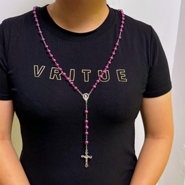 Kuesn 8mm Pearl Rosary Beads Catholic Necklace Glass Beads Necklace with Crucifix Charms Long Rosary Beads Necklace Prayer Beads Catholic Rosary Necklace for Women Gifts (Purple)