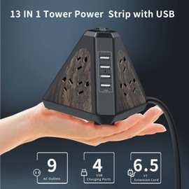 NVEESHOX Power Strip Tower,Power Strip Surge Protector with 9 AC Multiple Outlets & 4 USB Ports,6.5 Ft Extension Cord Flat Plug,3-Side Triangle Outlet for Office Supplies, Room Essentials,Wood Grain