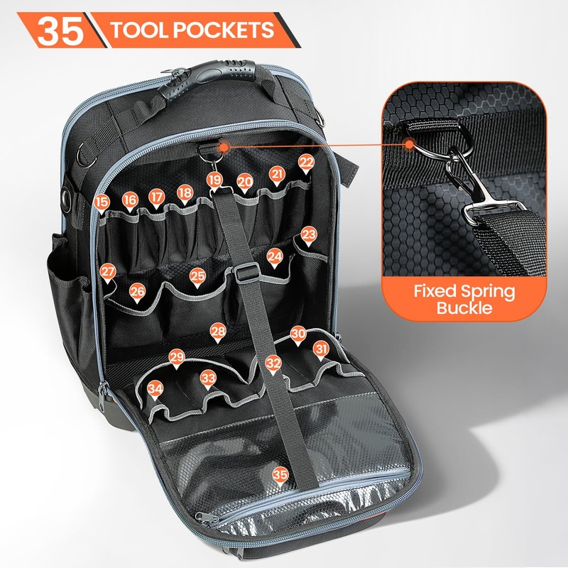 TUFFWORX Tool Backpack, 35 Pockets, 18.5 x 13.7 x 7.8