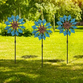 Aoutrow 3 Pack Wind Spinners with Metal Stake, 16.3 Inches Yard Garden Sculptures for Outdoor Spring Decoration Lawn Patio Wind Catcher Windmill (Blue Flower)