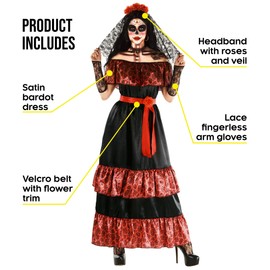 Morph Senora Day of the Dead Women Costumes For Women Plus Size, Dia De Los Muertos Costume for Women, Day of Dead Dress La Catrina Costume For Women Medium