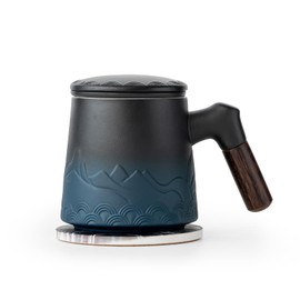 HFceram Ceramic Tea Cup with Infuser and Lid, 13.5oz Gradient Blue Tea Strainer Mug for Loose Leaf Tea Steeper with Wood Handle, Hot Tea Brewer Gift for Tea Lovers