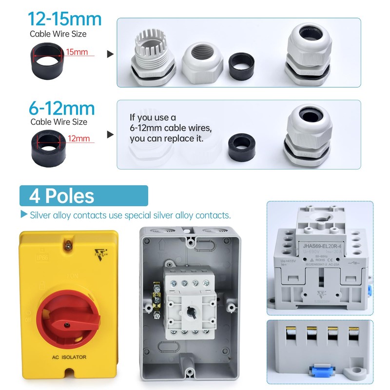 AC Disconnect Switch 20Amp 4-Pole Isolator Switch 690V AC 2-Positions