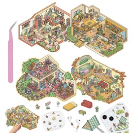 DIY 3D House Stickers, 4 Sets Fun DIY Stickers Scene Make Your Own Mini House Cute Cartoon Animal Scene Stickers for Kids Adult Sticker Art Relief Stress Pass The Time- Large Size