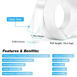 LeBao Double Sided Tape Heavy Duty, 16.4FT Double Sided Mounting Tape, Nano Tape, Clear Adhesive Tape for Wall Tape Sticky Poster Carpet Decor